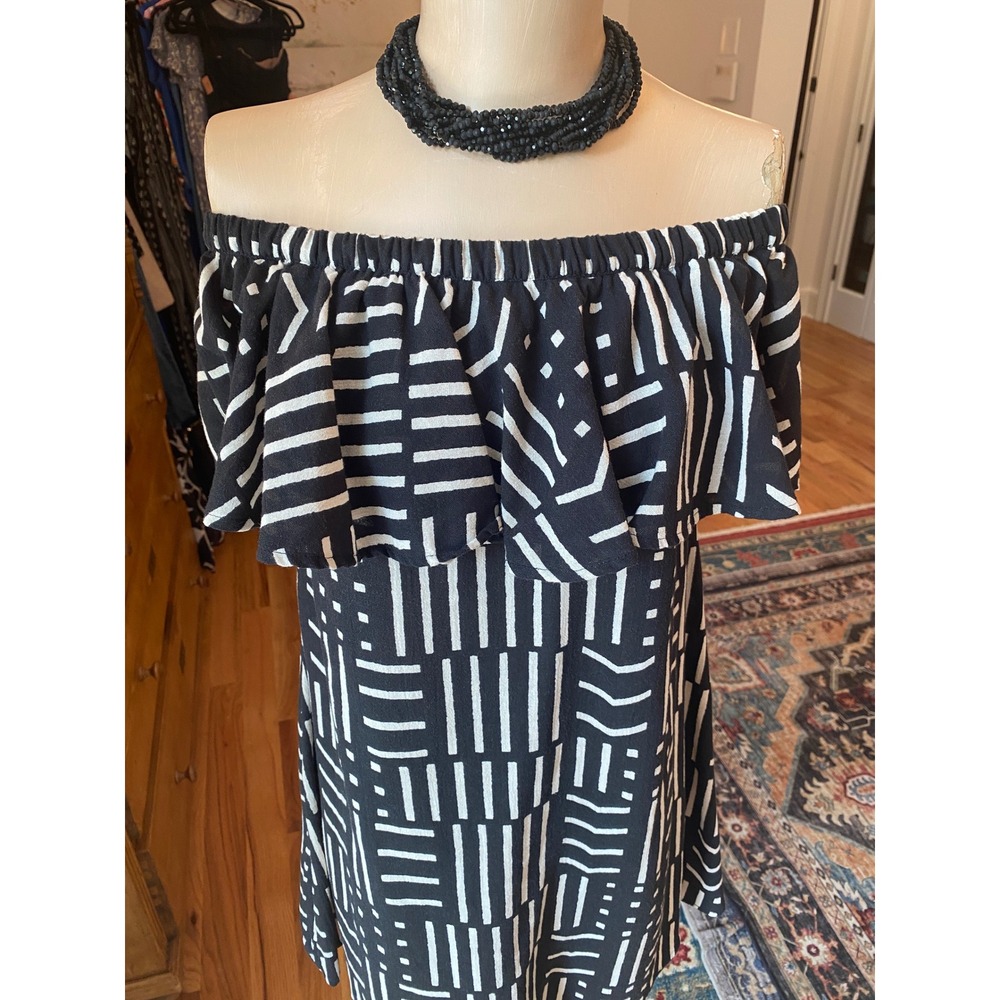Madewell Womens Black White Geometric Off Shoulder Ruffle Cotton Mini Dress XS